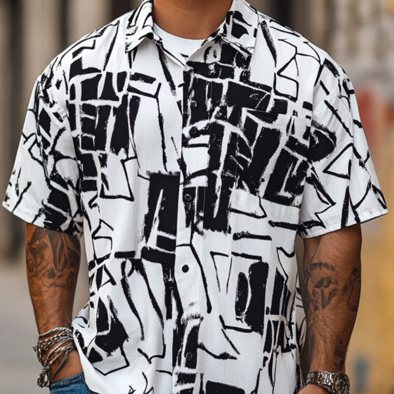 Men's Fashion Geometric Print Lapel Loose Short Sleeve Shirt MTA1549D2M