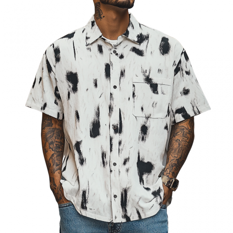Men's Fashion Printed Breathable Lapel Loose Short Sleeve Shirt MTA1585D0M