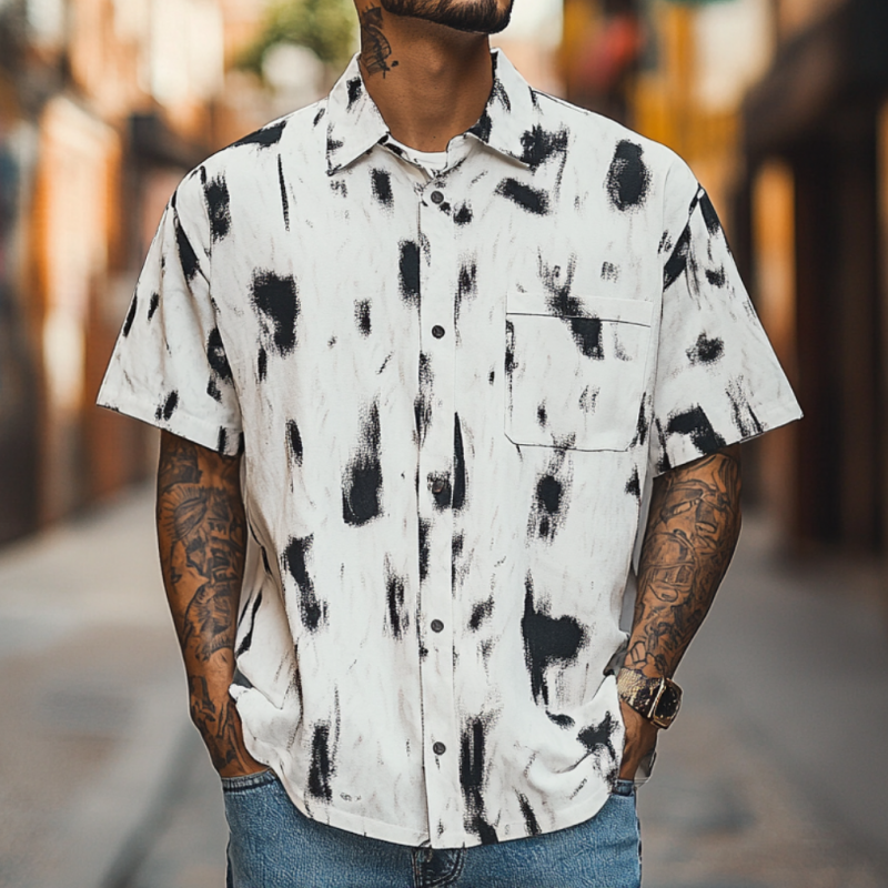 Men's Fashion Printed Breathable Lapel Loose Short Sleeve Shirt MTA1585D0M