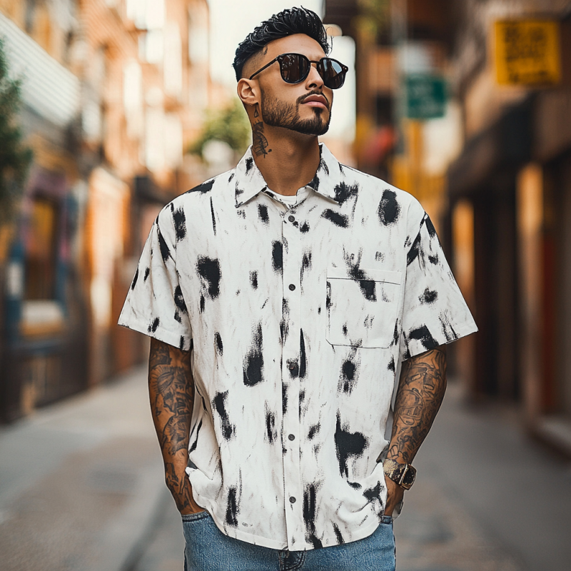 Men's Fashion Printed Breathable Lapel Loose Short Sleeve Shirt MTA1585D0M