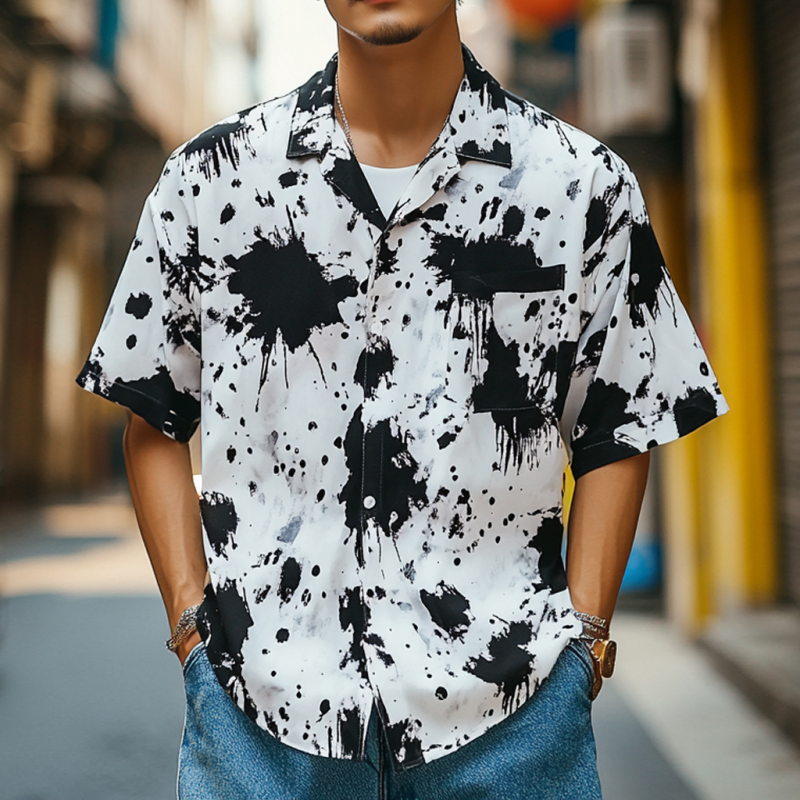 Men's Fashion Ink Splash Print Lapel Loose Short Sleeve Shirt MTA1583D1M