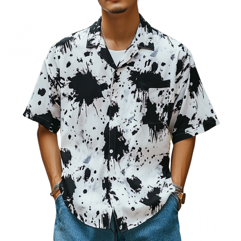 Men's Fashion Ink Splash Print Lapel Loose Short Sleeve Shirt MTA1583D1M