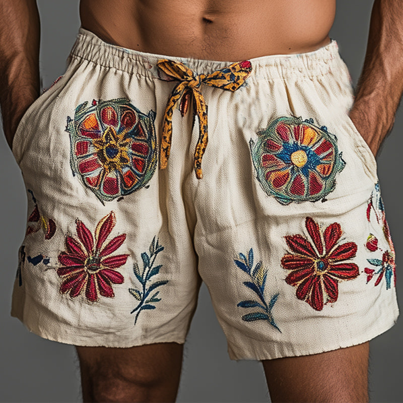 Men's Summer Retro Embroidered Cotton and Linen Elastic Lace-up Shorts MTA1540D5U