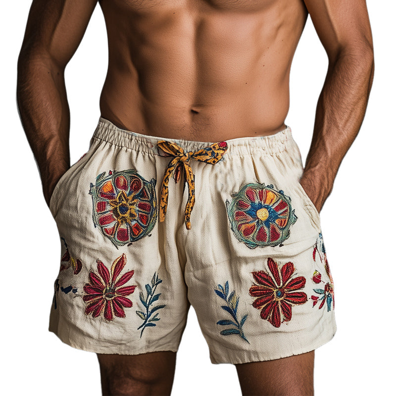 Men's Summer Retro Embroidered Cotton and Linen Elastic Lace-up Shorts MTA1540D5U