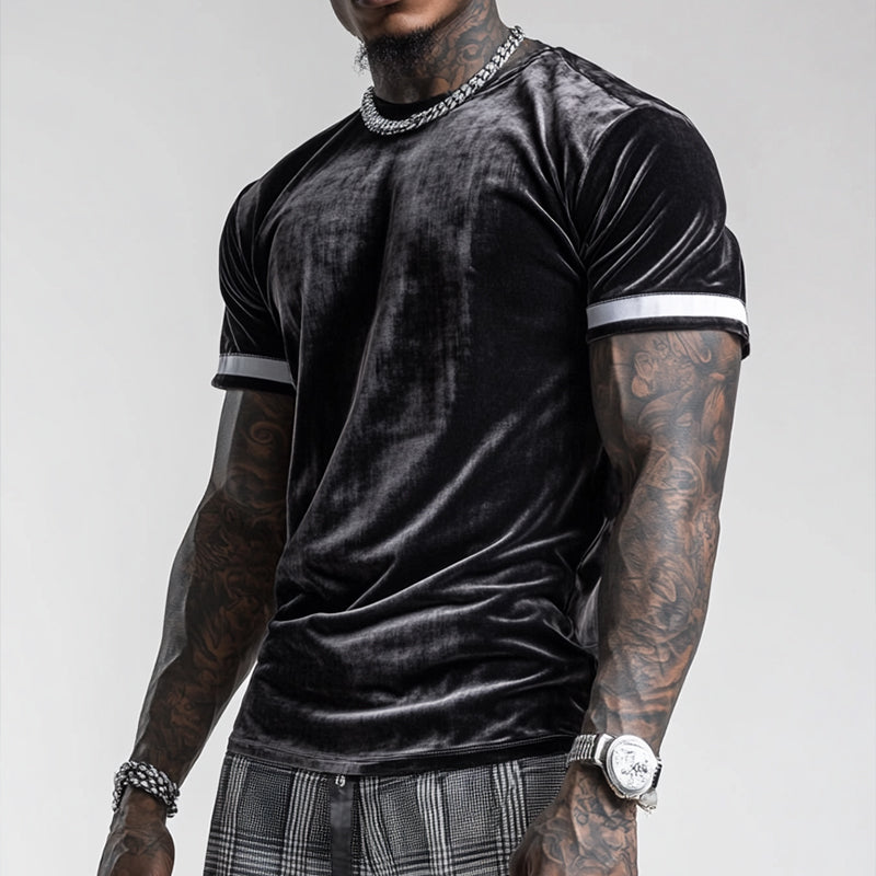 Men's Retro Casual Velvet Stitching Round Neck Short Sleeve T-Shirt MTA1640D7TO
