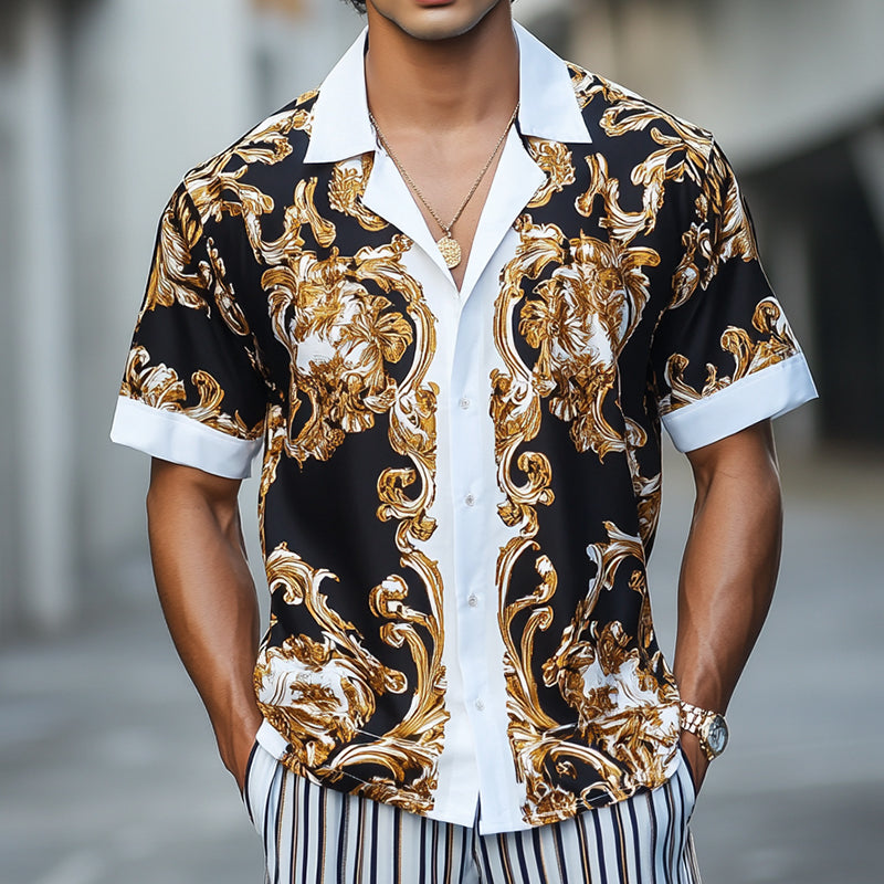 Men's Retro Luxury Palace Style Printed Lapel Short Sleeve Shirt MTA1623D4TO