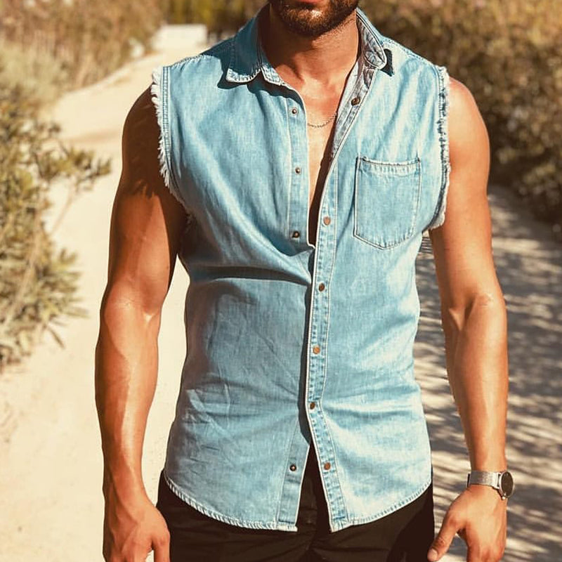 Men's Retro Casual Washed Denim Lapel Sleeveless Shirt MTA1611D6TO
