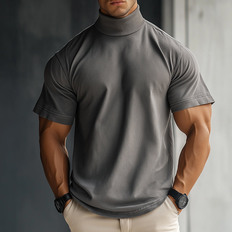 Men's Casual Washed High Collar Short Sleeve T-Shirt MTA1663D8TO