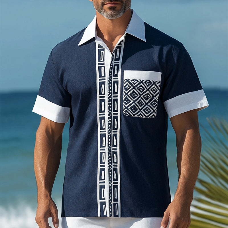 Men's Retro Casual Ethnic Style Geometric Print Linen Lapel Short Sleeve Shirt MTA1645D7TO