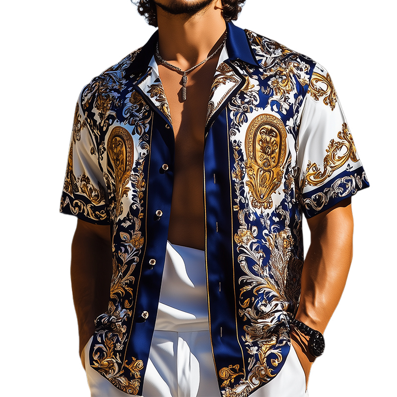 Men's Retro Luxury Palace Style Printed Satin Lapel Short Sleeve Shirt MTA1655D3TO