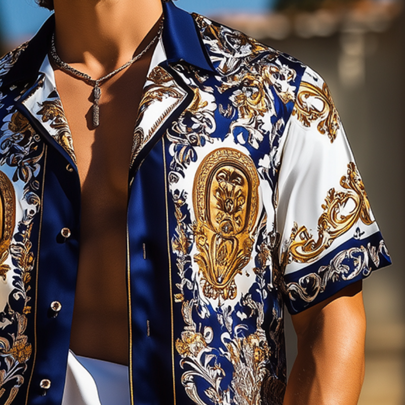 Men's Retro Luxury Palace Style Printed Satin Lapel Short Sleeve Shirt MTA1655D3TO
