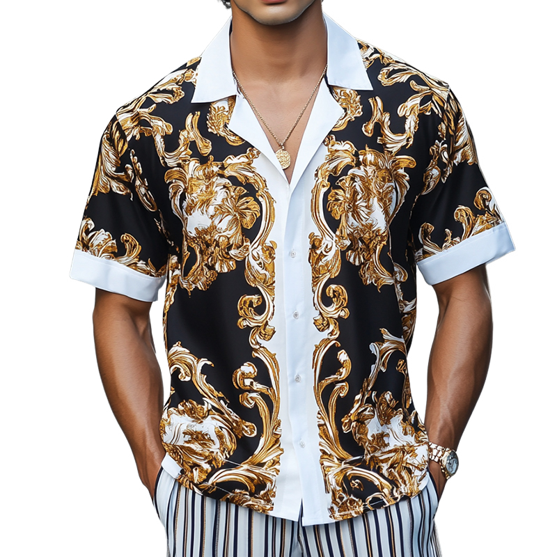 Men's Retro Luxury Palace Style Printed Lapel Short Sleeve Shirt MTA1623D4TO