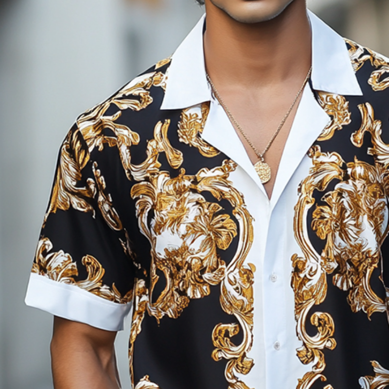 Men's Retro Luxury Palace Style Printed Lapel Short Sleeve Shirt MTA1623D4TO