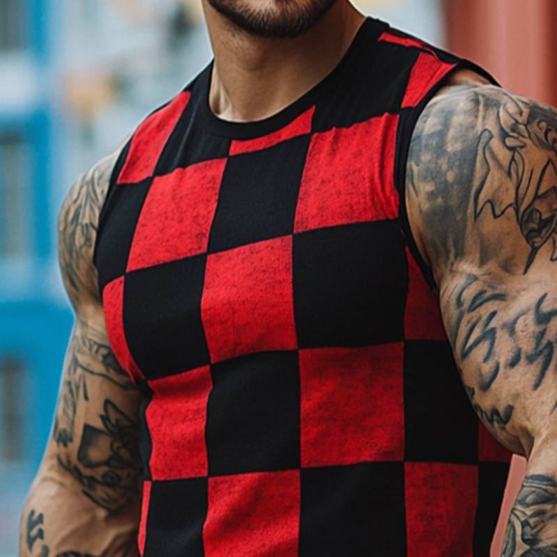 Men's Retro Casual Contrast Checkerboard Print Crew Neck Tank Top MTA1683D1TO