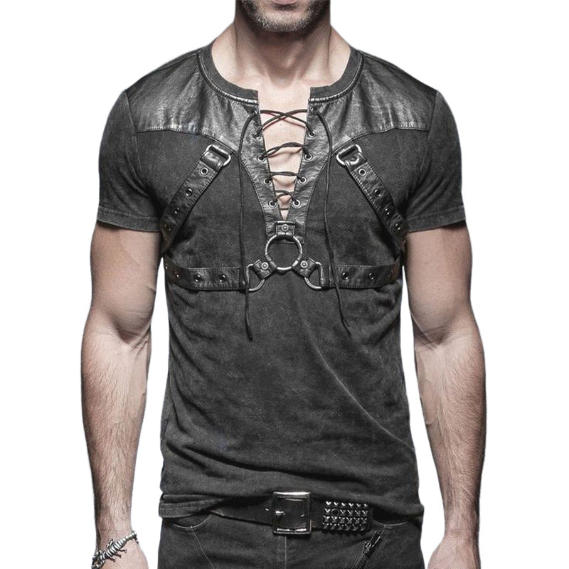 Men's Summer Fashion Leather Stitching Lace-Up T-Shirt MTA1751D2U