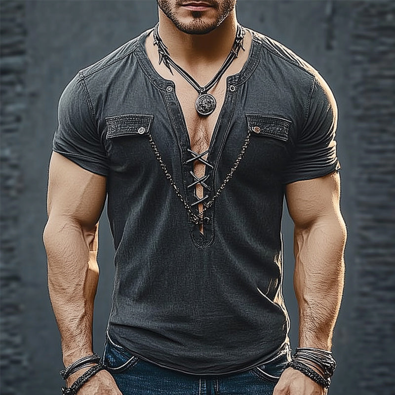 Men's Summer Fashion Lace-up Chain Slim T-shirt (Chain Removable) MTA1774D1U
