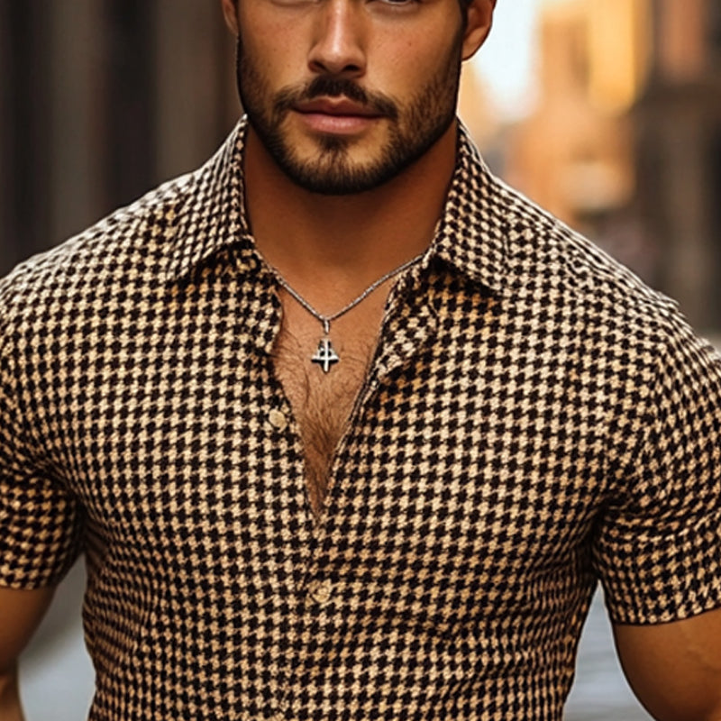 Men's Houndstooth Lapel Short Sleeve Shirt MTA1718D0X