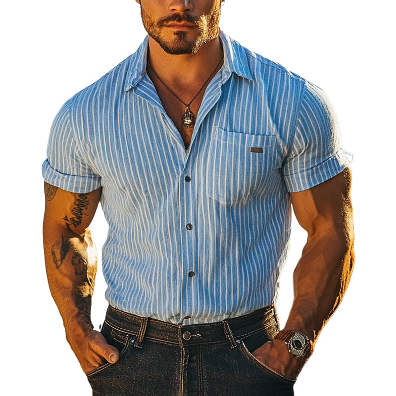 Men's Striped Casual Lapel Short Sleeve Shirt MTA1706D7X