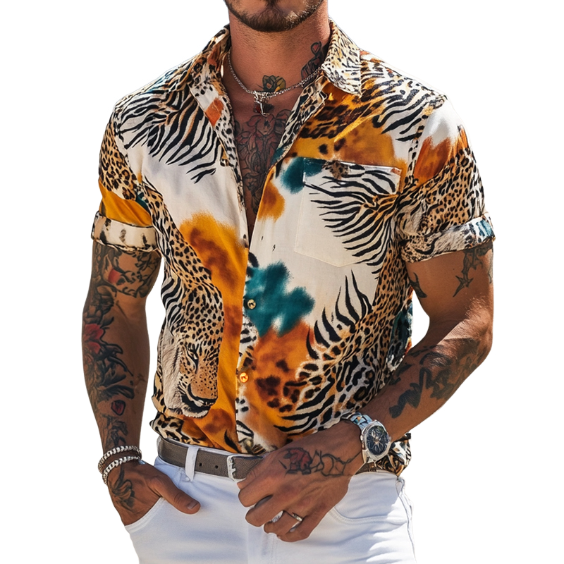 Men's Retro Casual Animal Texture Print Lapel Short Sleeve Shirt MTA1621D4TO