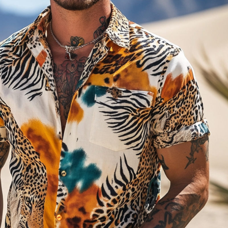 Men's Retro Casual Animal Texture Print Lapel Short Sleeve Shirt MTA1621D4TO