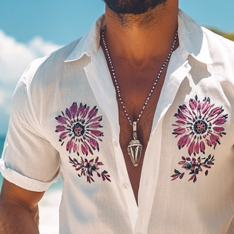 Men's Retro Casual Floral Print Linen Lapel Short Sleeve Shirt MTA1613D4TO