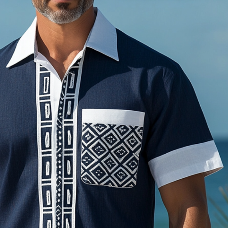Men's Retro Casual Ethnic Style Geometric Print Linen Lapel Short Sleeve Shirt MTA1645D7TO