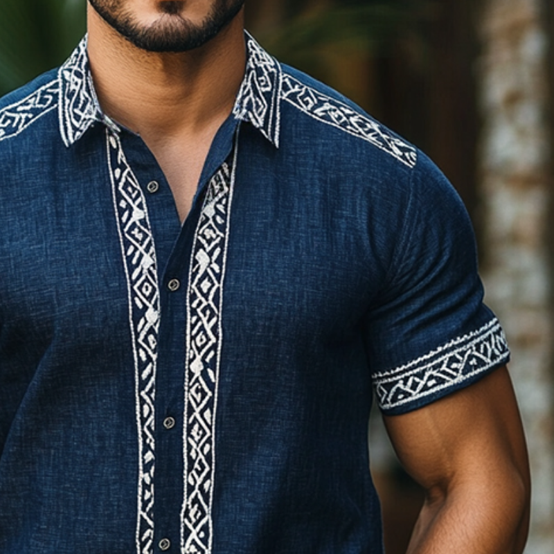 Men's Retro Casual Ethnic Style Geometric Print Linen Lapel Short Sleeve Shirt MTA1695D2TO