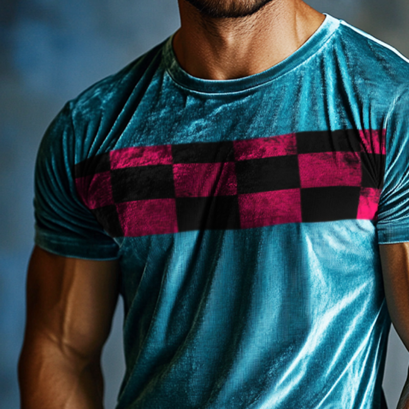 Men's Casual Checkerboard Print Velvet Round Neck Short Sleeve T-Shirt MTA1635D3TO