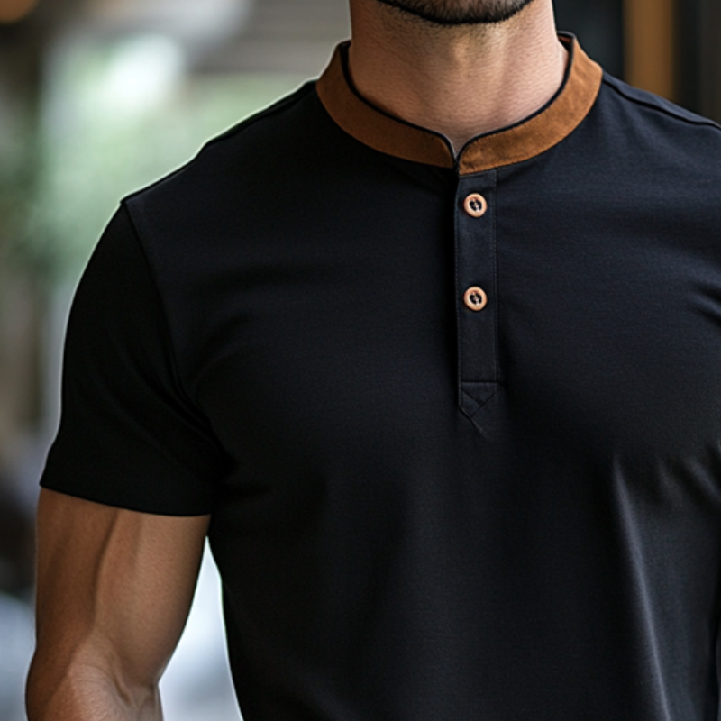 Men's Retro Casual Cotton Colorblock Stand Collar Short Sleeve T-Shirt MTA1601D9TO