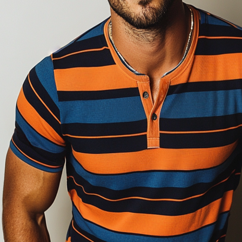 Men's Casual Stripe Print Henley Neck Short Sleeve T-Shirt MTA1639D6TO