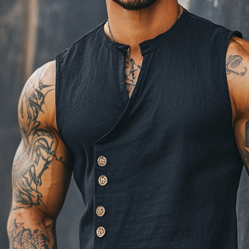 Men's Retro Casual Solid Color Linen Stand Collar Sleeveless Shirt MTA1688D0TO