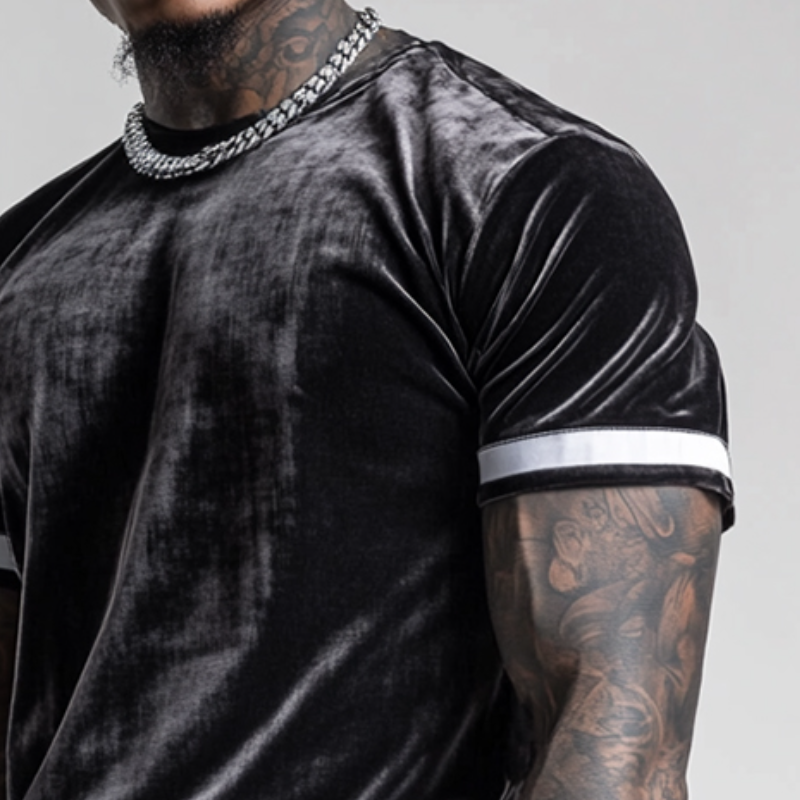 Men's Retro Casual Velvet Stitching Round Neck Short Sleeve T-Shirt MTA1640D7TO