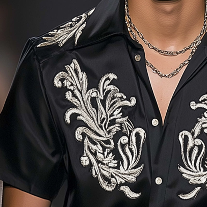 Men's Summer Satin Vintage Silver Embroidery Short Sleeve Shirt MTA1788D1U