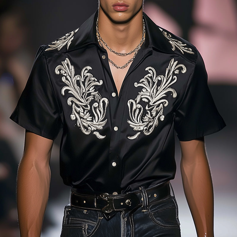 Men's Summer Satin Vintage Silver Embroidery Short Sleeve Shirt MTA1788D1U