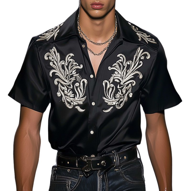 Men's Summer Satin Vintage Silver Embroidery Short Sleeve Shirt MTA1788D1U