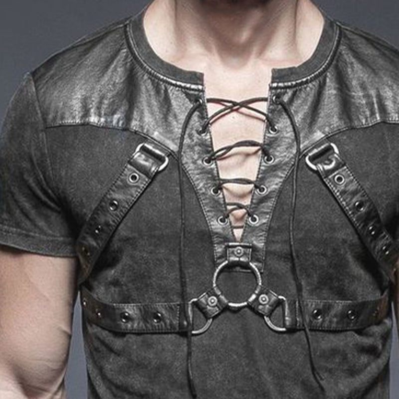 Men's Summer Fashion Leather Stitching Lace-Up T-Shirt MTA1751D2U