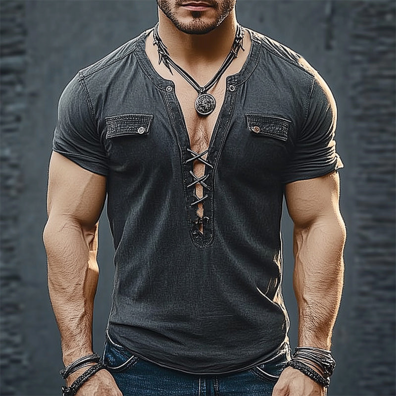 Men's Summer Fashion Lace-up Chain Slim T-shirt (Chain Removable) MTA1774D1U