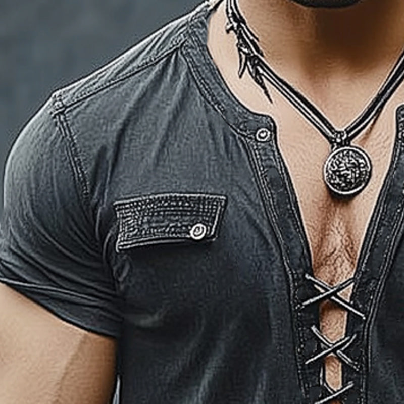 Men's Summer Fashion Lace-up Chain Slim T-shirt (Chain Removable) MTA1774D1U