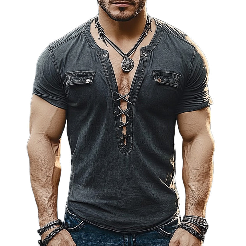 Men's Summer Fashion Lace-up Chain Slim T-shirt (Chain Removable) MTA1774D1U