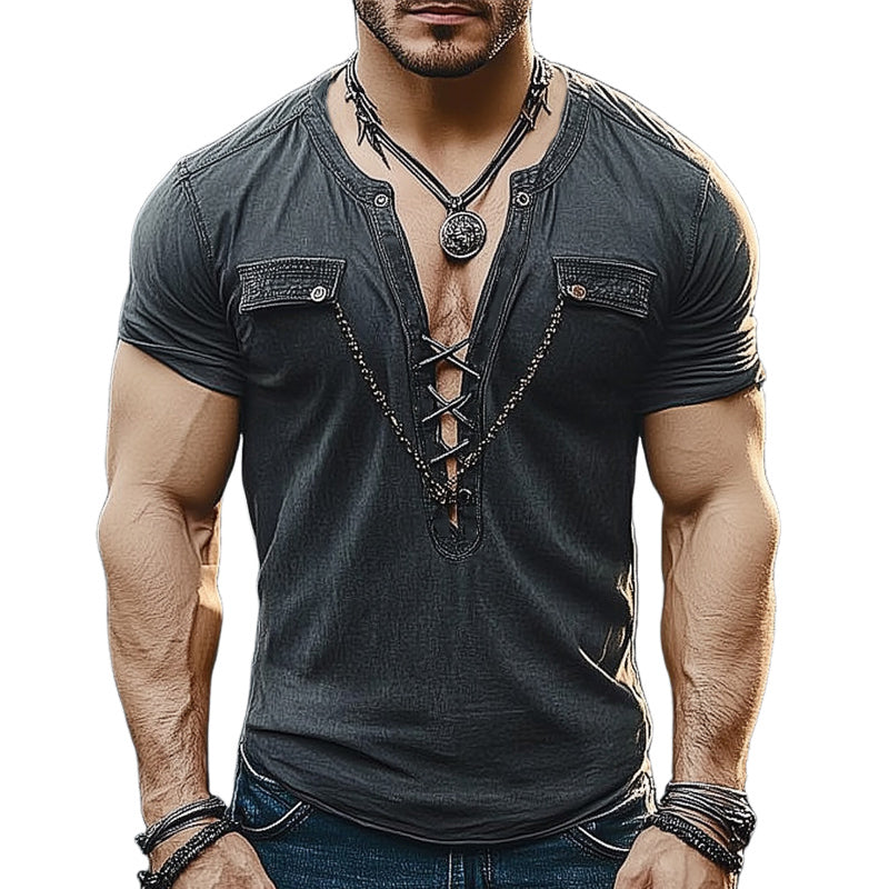 Men's Summer Fashion Lace-up Chain Slim T-shirt (Chain Removable) MTA1774D1U