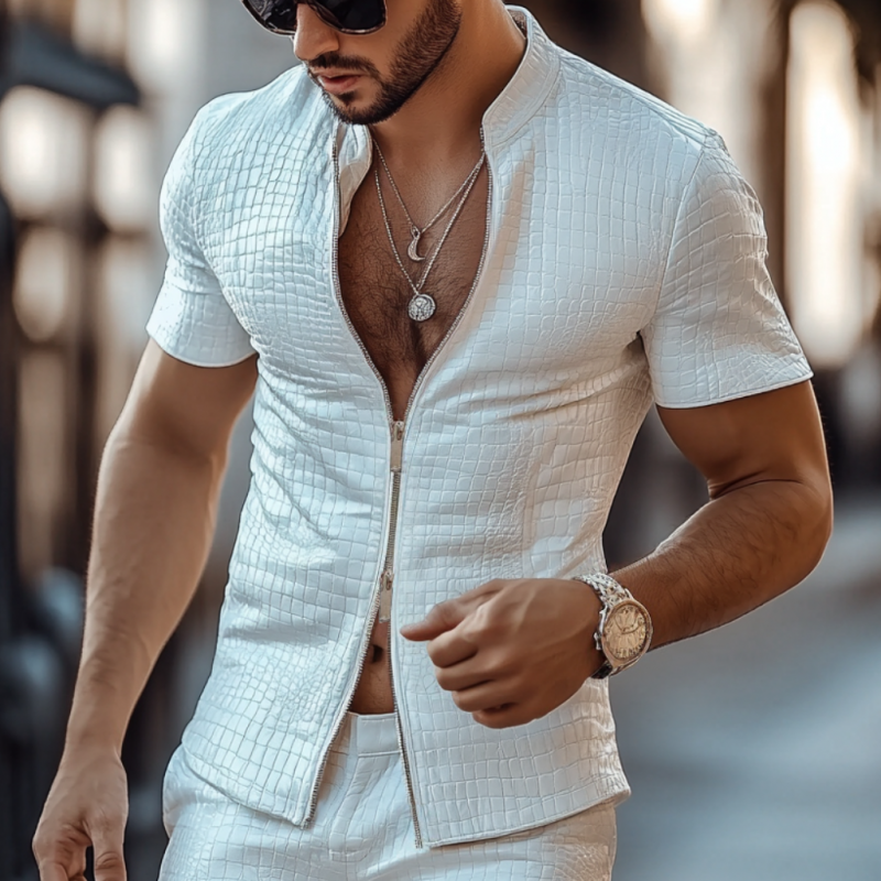 Men's Fashion Crocodile Pattern Faux Leather Stand Collar Slim Fit Short Sleeve Shirt MTA1730D9M