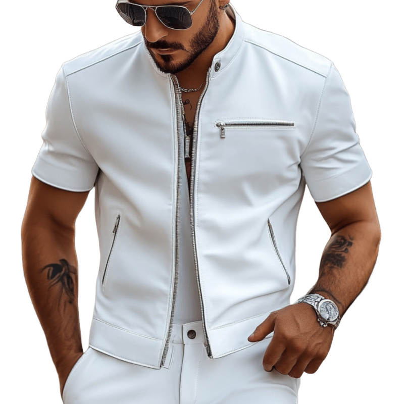 Men's Fashion Faux Leather Stand Collar Slim Fit Multi-Pocket Short Sleeve Shirt MTA1765D2M