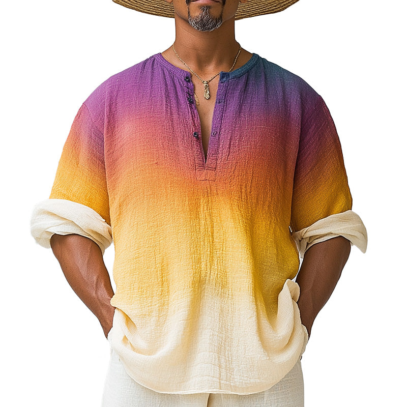 Men's Summer Fashion Cotton and Linen Printed Gradient Long Sleeve T-shirt MTA1891D1P