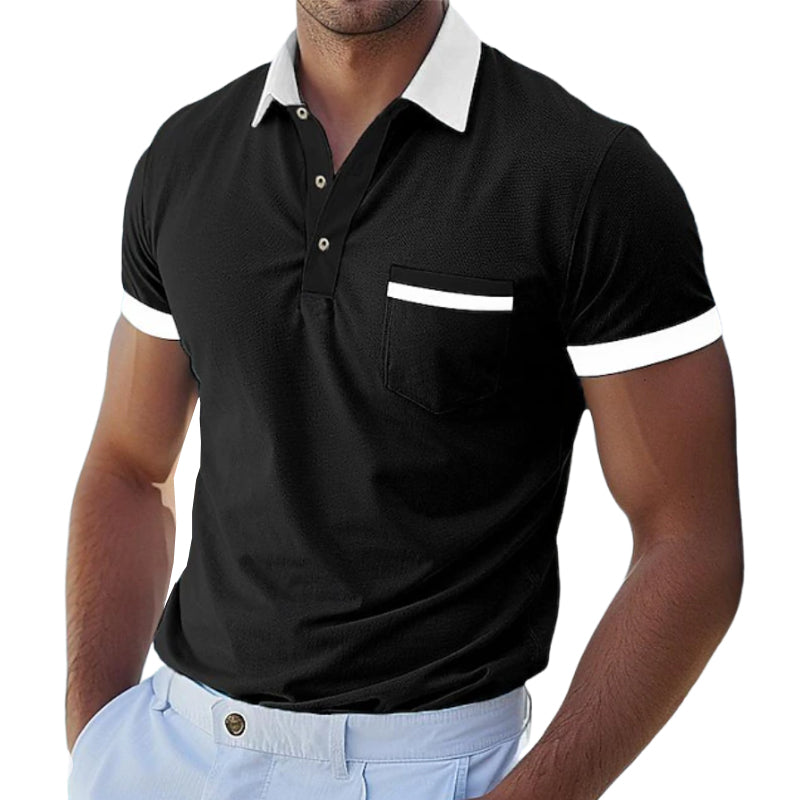 Men's Casual Cotton Contrast Color Patchwork Lapel Slim Short Sleeve Polo Shirt MTA1527D8M