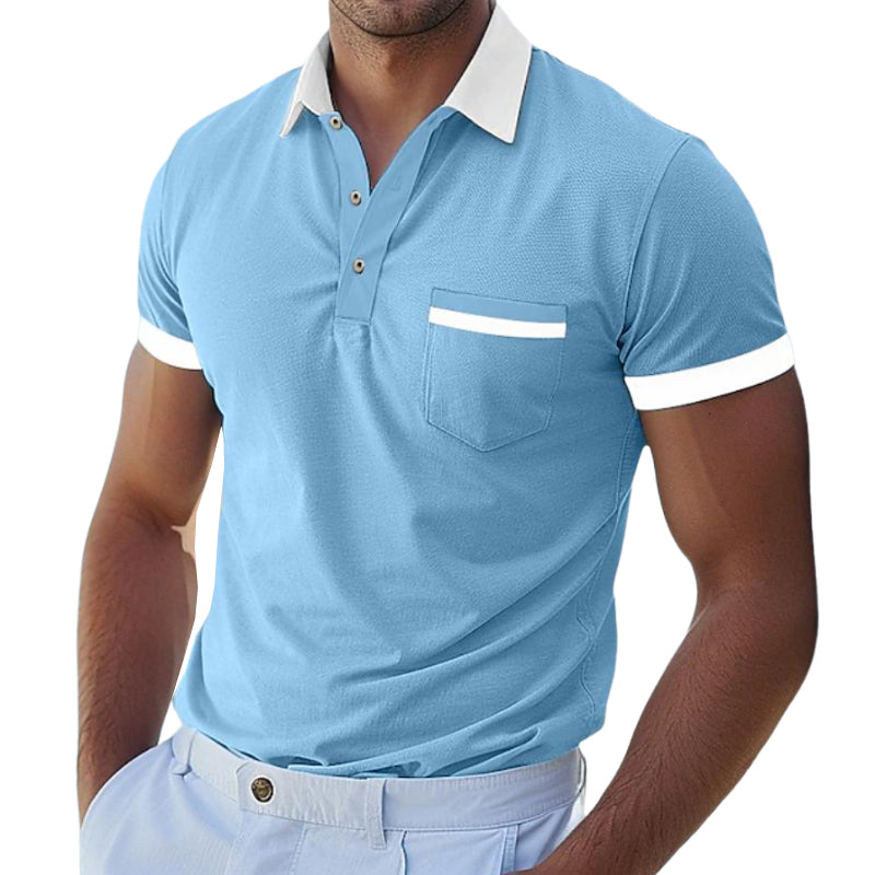 Men's Casual Cotton Contrast Color Patchwork Lapel Slim Short Sleeve Polo Shirt MTA1527D8M