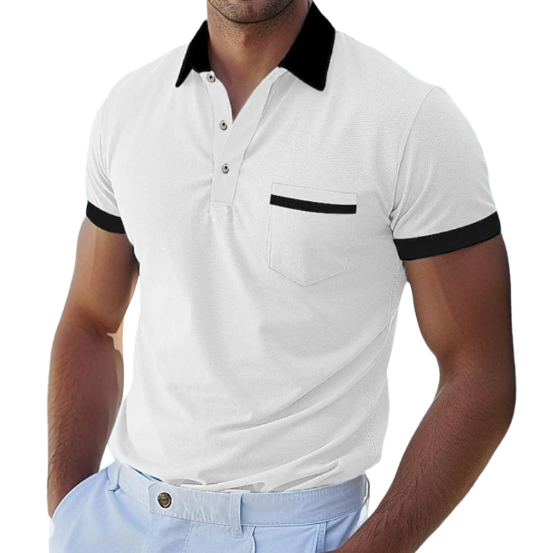 Men's Casual Cotton Contrast Color Patchwork Lapel Slim Short Sleeve Polo Shirt MTA1527D8M