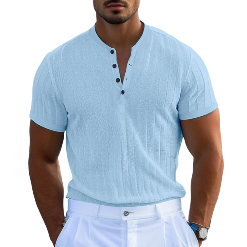Men's Casual Knitted Jacquard Cotton Henley Collar Slim Fit Short Sleeve T-Shirt MTA1510D0M