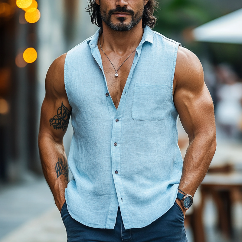Men's Casual Cotton Linen Blend Lapel Breathable Loose Sleeveless Shirt MTA1713D5M