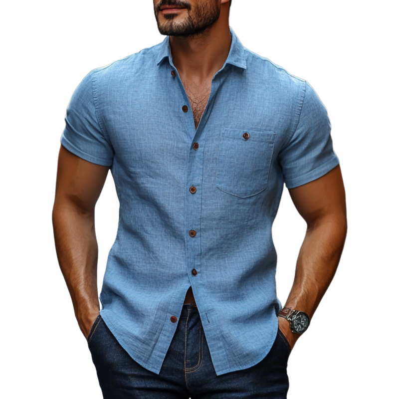 Men's Casual Cotton Linen Blend Lapel Breathable Slim Fit Short Sleeve Shirt MTA1767D1M