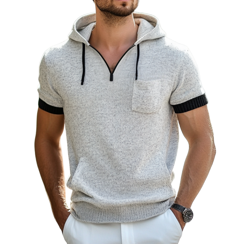 Men's Casual Contrast Color V-Neck Kangaroo Pocket Slim Fit Short Sleeve Hooded Knit Sweater T-Shirt MTA1779D6M